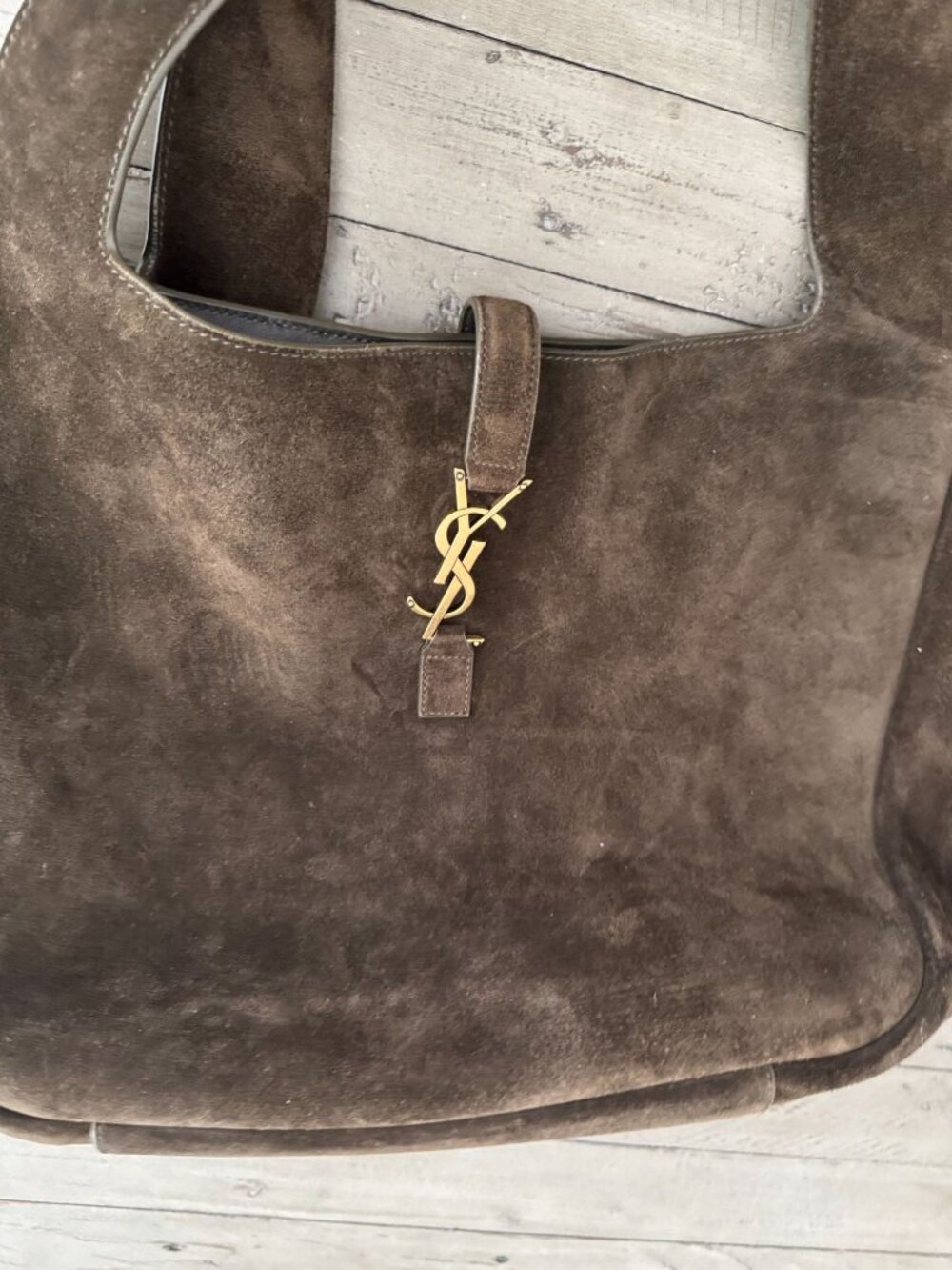 SAINT LAURENT LE 5 À 7 BEA Suede Tote Shoulder Bag Musk Brown Gold - Picture 10 of 14
